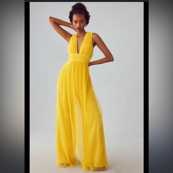 Hutch Pants - Anthropologie Hutch Pleated Tulle Jumpsuit bright yellow statement bold size 2